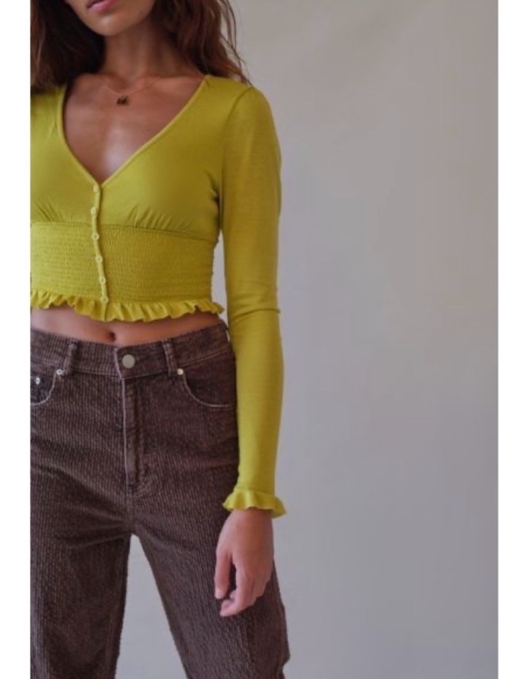 NWT Urban Outfitters Bayside Smocked button-front top in Chartreuse